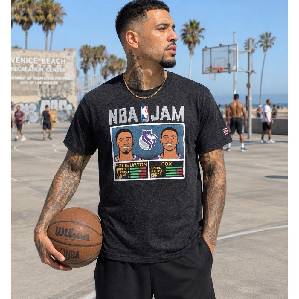 Homage Retro NBA Jam Sacramento Kings Fox‎ Haliburton Tri-Blend Heather Tee Sz M
